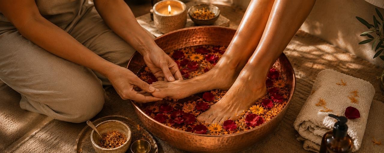 Flower petal foot soak ahead of a pedicure at Nourish Wellness Bar